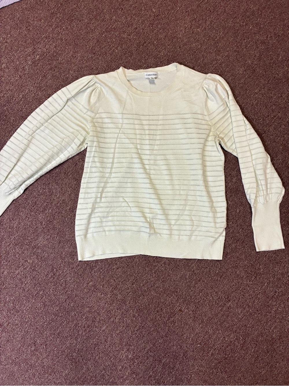 Calvin Klein Cream Pointelle Puff-Sleeve Crewneck Sweater